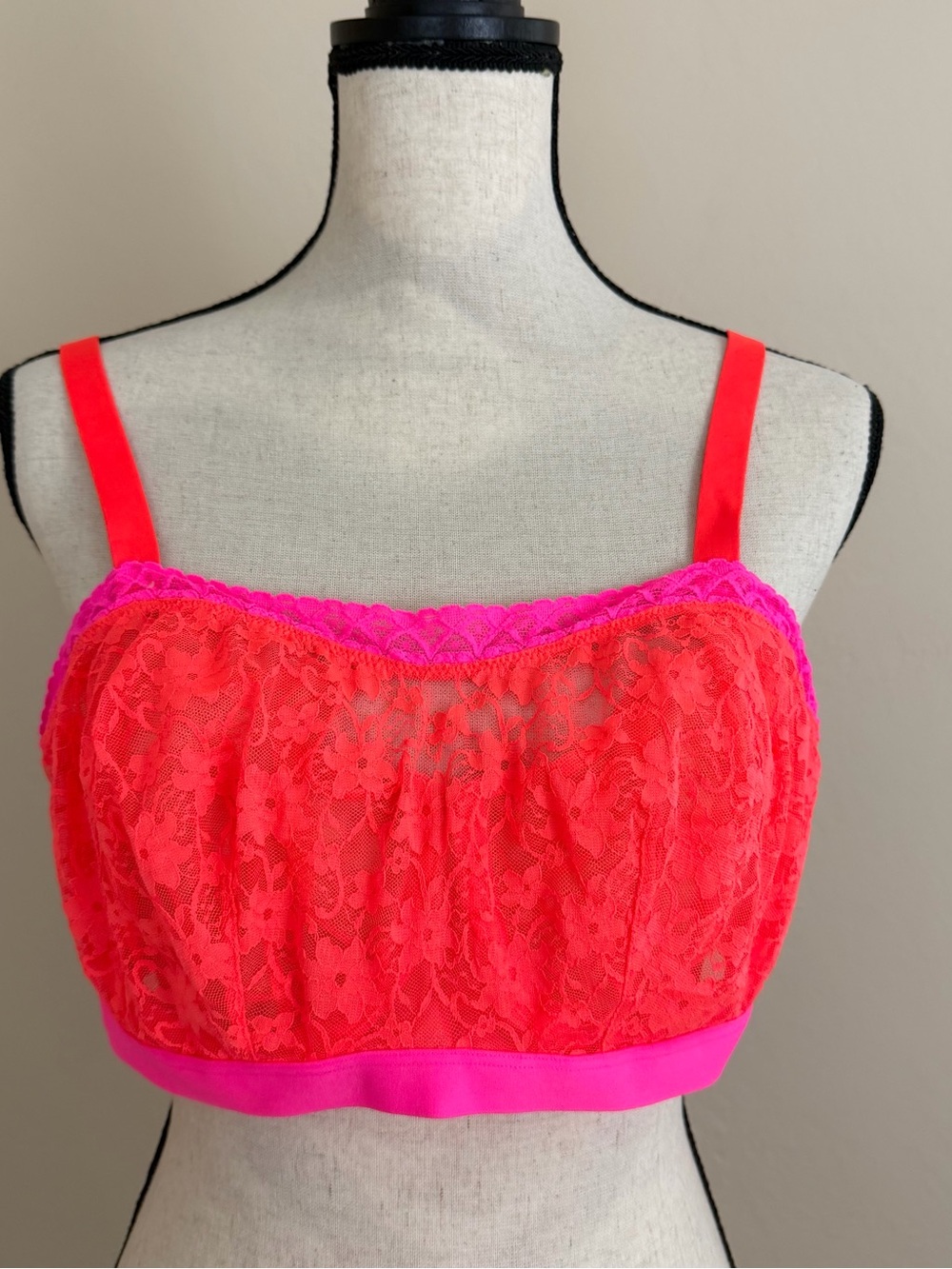 Cacique Unlined Underwire Bandeau Floral Lace Bra 42C Neon Orange Pink